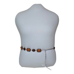 Haute Hippie Style Brown & Orange Stone Chain Belt One Size Adjustable 41" Long
